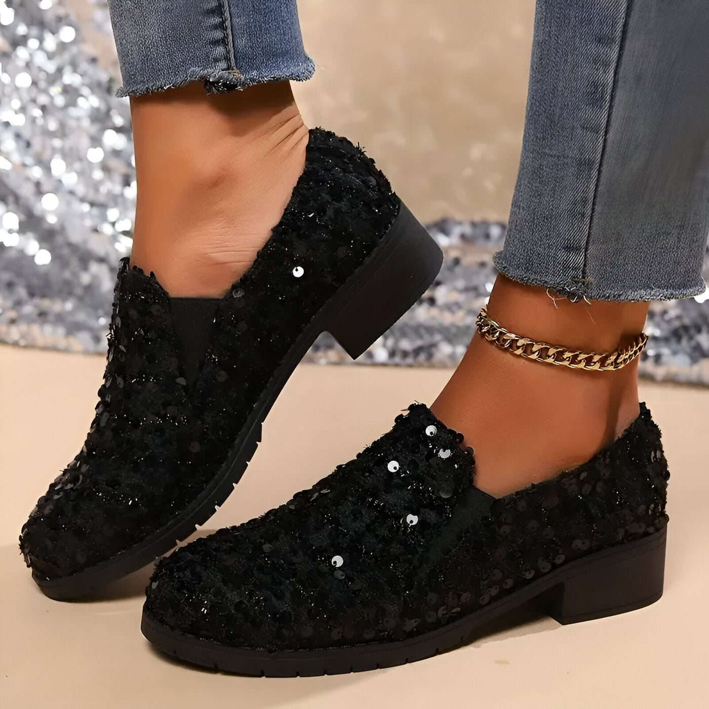 Mona | Stylische Loafer mit Chunky Heel und Pailletten