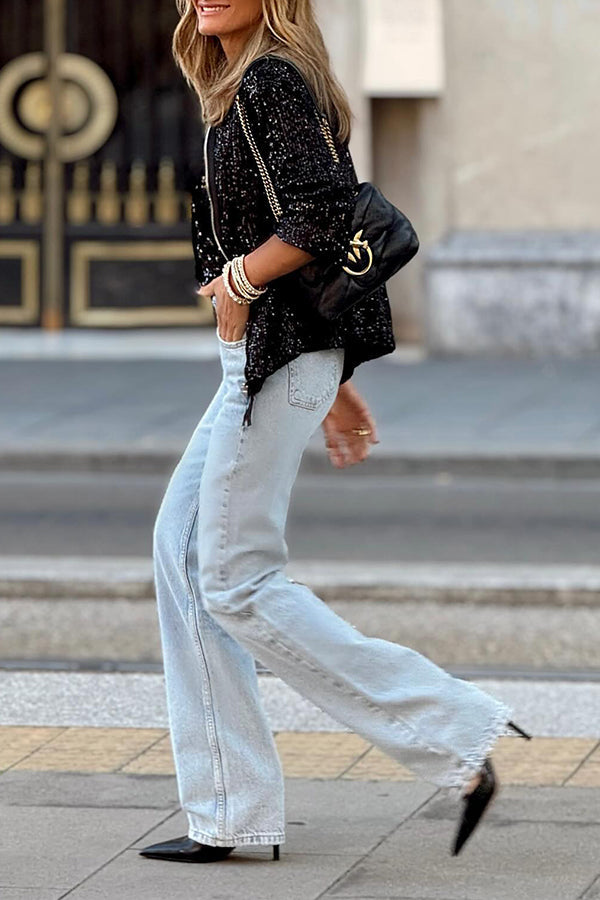 Leila® | Lässige, modische, klassische Jacke mit Pailletten