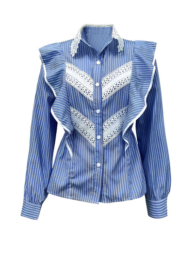 Marleisha | Elegantes gestreiftes Langarmshirt mit Spitze und Rüschendetails