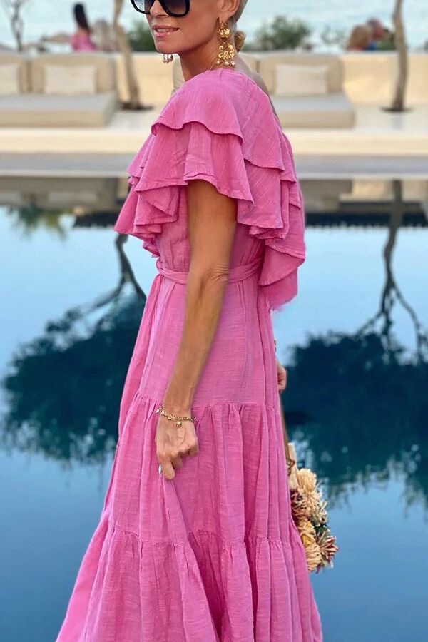 Danna® | Maxikleid aus Baumwollmischung mit Rüschen und One-Shoulder-Gürtel