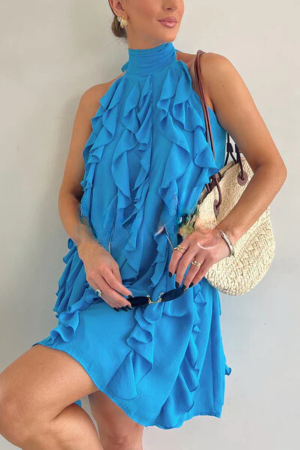 Maite® | Chiffon-Minikleid in A-Linie mit Stehkragen, Rüschen und Plissee