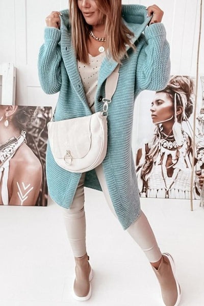 Graue Knopf-Kapuzenstrickjacke – Emma