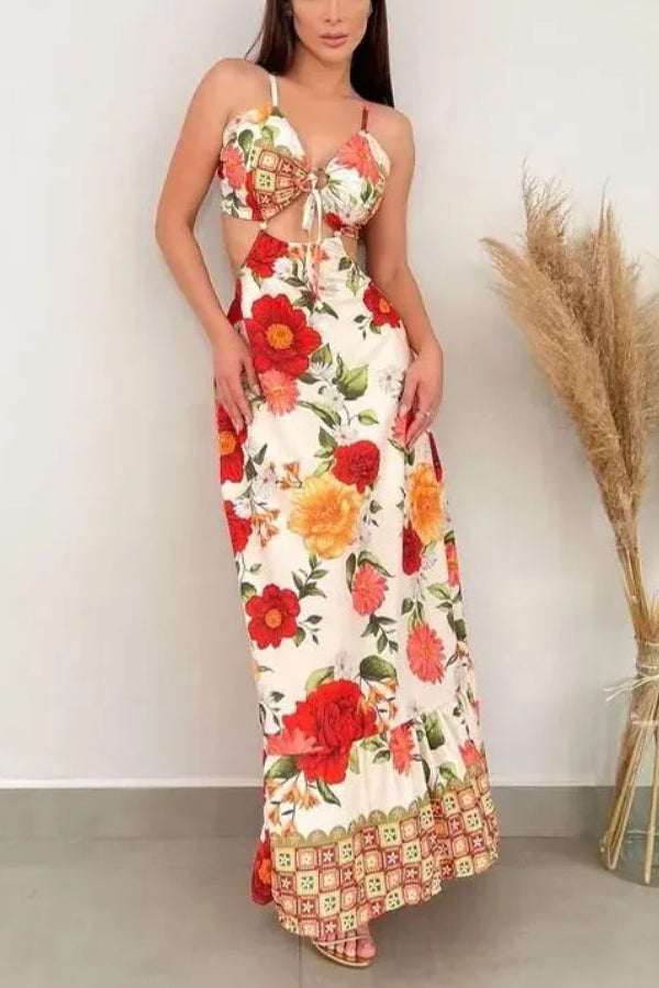 Hana® | Blooming Rose – Maxikleid mit Cut-Outs und Binderücken am Rücken