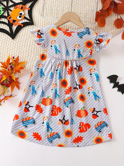 Mädchen Kleid mit niedlichem Cartoon-Allover-Print und Rüschenärmeln – Pink