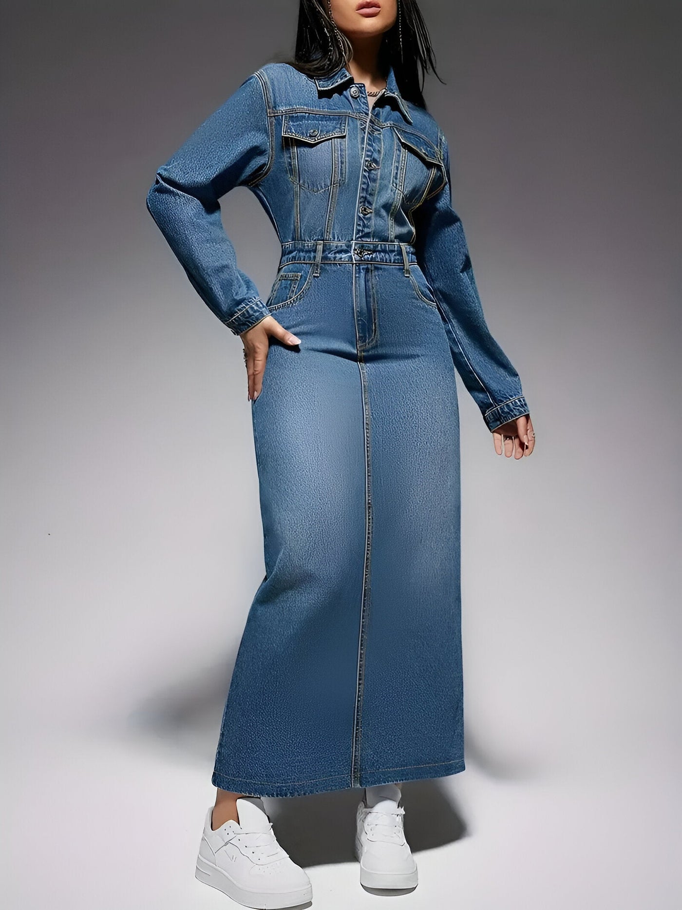 Liona | Stylisches Denim-Look Langarmkleid