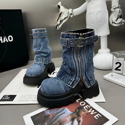 Mechthilde | Trendige Cowboy-inspirierte Mid-Calf Stiefel mit Plattformabsatz