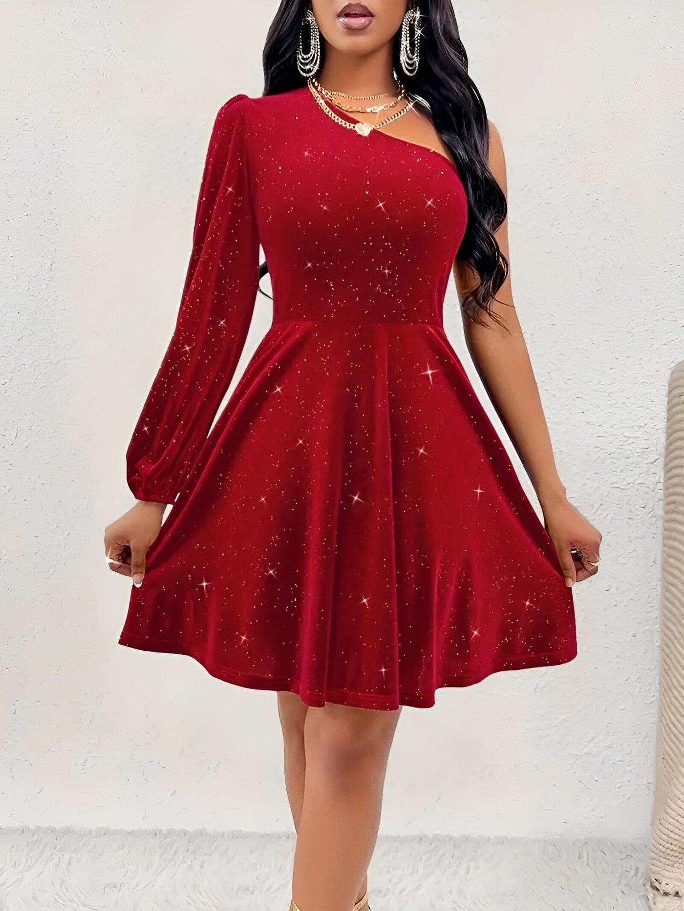 Maja | Elegantes One-Shoulder Ruffle Hem Kleid