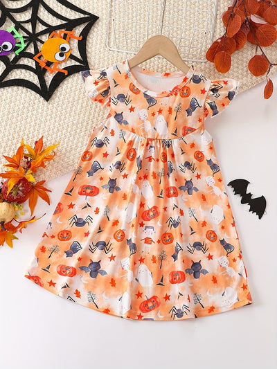 Mädchen Kleid mit niedlichem Cartoon-Allover-Print und Rüschenärmeln – Pink