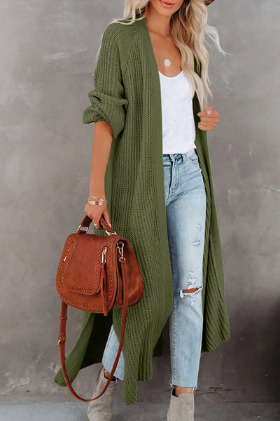 Marla® | Pickle Green Duster-Cardigan mit Zopfmuster und seitlichen Schlitzen und offener Vorderseite