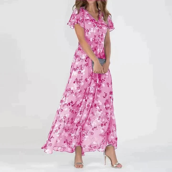 Romantisches blumenmaxikleid mit rüschen