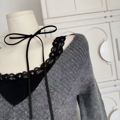 Klementine | Frau Gyaru Coquette V-Ausschnitt Französisch Vintage Pullover Langarm