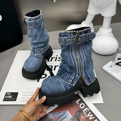 Mechthilde | Trendige Cowboy-inspirierte Mid-Calf Stiefel mit Plattformabsatz