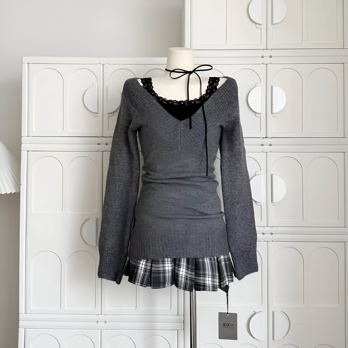 Klementine | Frau Gyaru Coquette V-Ausschnitt Französisch Vintage Pullover Langarm