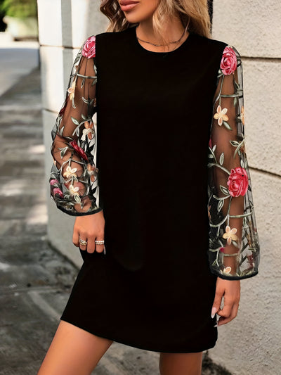 Amalie | Elegantes Patchwork-Spitzen- und Blumenstickerei-Schwarzes Kleid