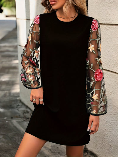 Amalie | Elegantes Patchwork-Spitzen- und Blumenstickerei-Schwarzes Kleid