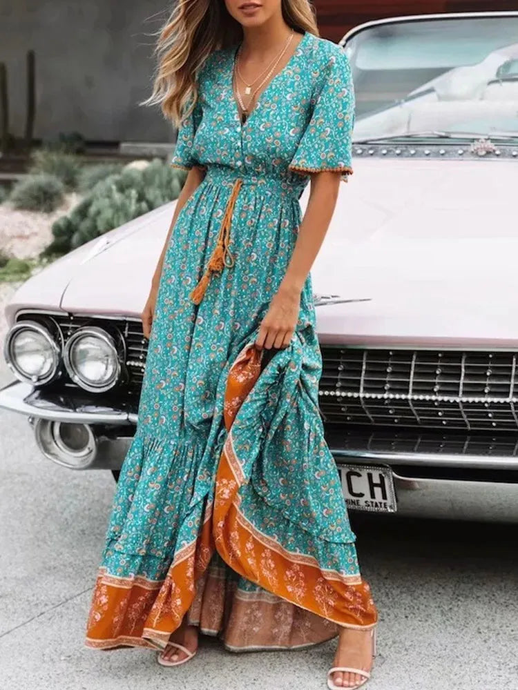 Maja- Boho Maxikleid Sommer Damen Mit Blumenmuster & Hohem Schlitz