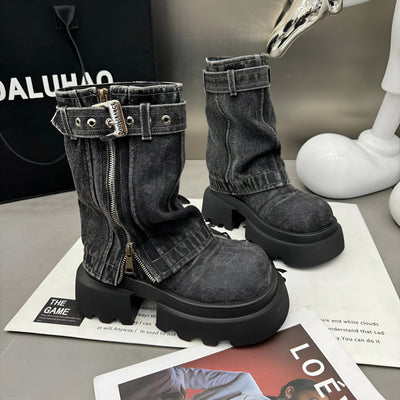 Mechthilde | Trendige Cowboy-inspirierte Mid-Calf Stiefel mit Plattformabsatz