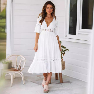 Elegantes weißes Midi-Kleid für Damen mit blonden Details - Myshaelis