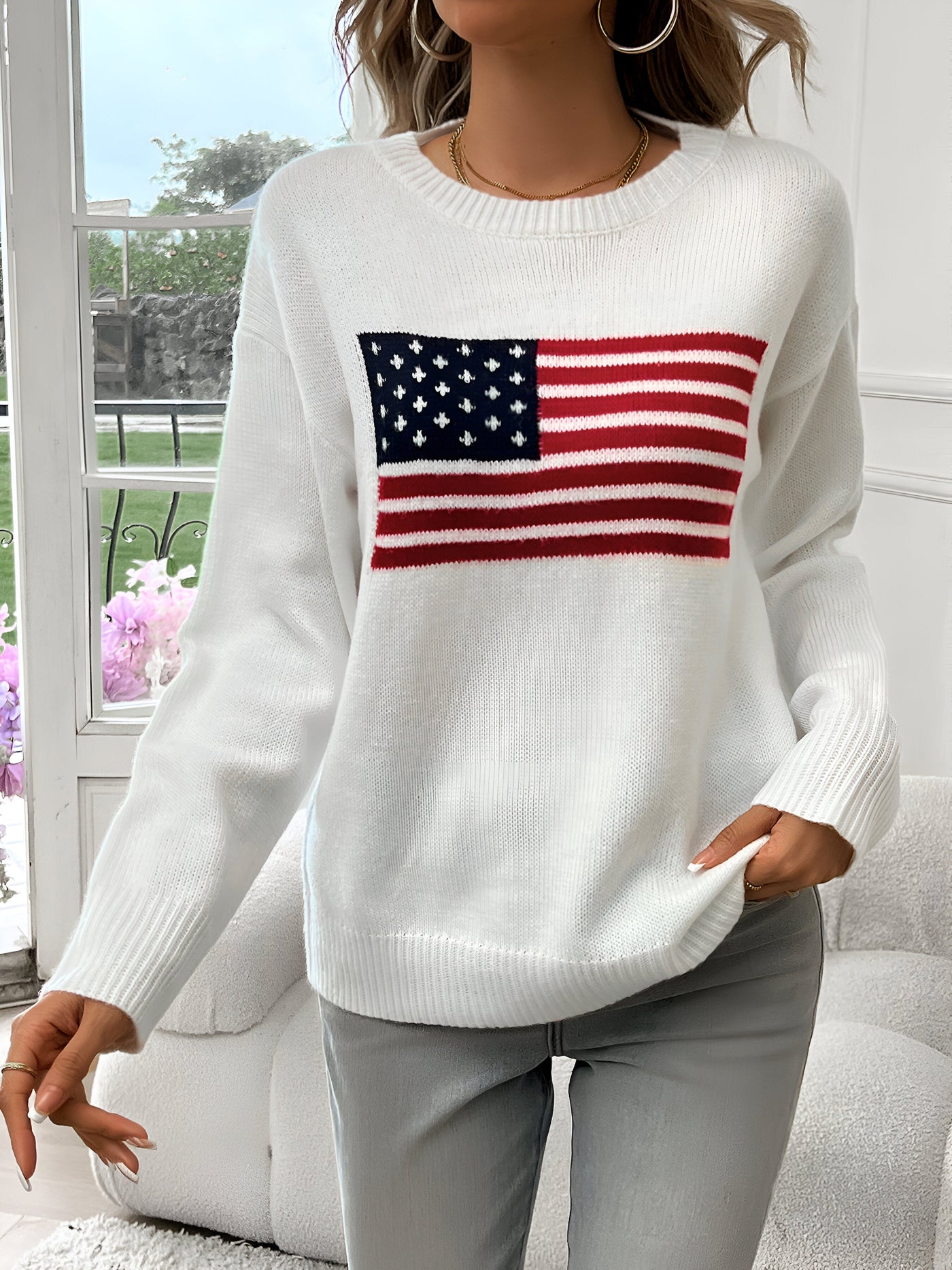 Livia | Amerikanische Flagge Rundhalsausschnitt Pullover